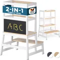 Produktbild: Spielwerk® Lernturm ab 2 Jahren Kinder mit Tafel Montessori 93cm Hoch Learning Tower 100kg Belastbar Trittschemel Kiefer Lernstuhl Küche Weiß Holz