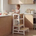 Produktbild: Spielwerk® Lernturm ab 2 Jahren Kinder mit Tafel Montessori 93cm Hoch Learning Tower 100kg Belastbar Trittschemel Kiefer Lernstuhl Küche Weiß Holz