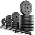 Produktbild: TREX SPORT Langhantel Set 55 kg | Langhantelstange 180 cm mit Gewichten | 16 Hantelscheiben aus Kunststoff in Schwarz mit mattem Finish für Krafttraining Zuhause