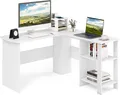 Produktbild: COSTWAY Schreibtisch L-Form, Eckschreibtisch mit 2 Kabellöchern & Ablagefächern, Ecktisch, Computertisch, Bürotisch für Zuhause oder Büro, 130 x 130 x 74 cm (Weiß)