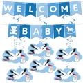 Produktbild: BRUBAKER Welcome Baby Girlande - Wimpelkette mit Storch Anhängern und Deko Wirbel Spiralen - Willkommensdeko Set für Jungen und Mädchen Dekoration für Babyparty, Zuhause und Babyzimmer - Blau
