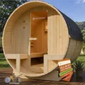 Produktbild: Artsauna Fasssauna Spitzbergen 220 für 6 Personen, Fichtenholz, Außenbänken | Außensauna mit 8 kW Saunaofen, Aufguss-Set, Sauna für Garten und Outdoor, Glastür, Dachschindeln