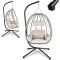 Produktbild: Hängesessel Aria mit Kissen - höhenverstellbar & faltbar - Polyrattan Hängeschaukel Outdoor & Indoor - Korbhängesessel bis 130kg Beige - Juskys