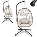 Produktbild: Juskys Hängesessel Aria mit Gestell höhenverstellbar, faltbar & ergonomisch - Outdoor & Indoor - bis 130 kg - Polyrattan Korbhängesessel inkl. Kissen - Beige