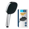 Produktbild: GROHE Vitalio 110, Duschkopf wassersparend, 8l pro Min (Handbrause 2 Strahlarten, per Drehregler verstellbar, Universalanschluss, Silikonring schützt Duschbrause bei Stürzen), rund, chrom, 26397001
