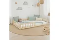 Produktbild: Homestyle4u Kinderbett 90x200 / 120x200 Weiß Natur Holzbett Bodenbett Montessori Kleinkind (Komplett-Set mit Lattenrost, Matratze mit OEKO-TEX® Standard 100), mit Rausfallschutz, wechselseitig