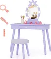 Produktbild: COSTWAY Schminktisch Kinder mit Beleuchtung, 2 in 1 Frisiertisch mit Spiegel & Schublade, Schminkkommde Holz, Kosmetiktisch für Mädchen ab 3+, Lila