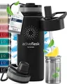 Produktbild: Trinkflasche Edelstahl ACTIVE FLASK + Strohhalm (3 Deckel) BPA-frei, Auslaufsicher, Kohlensäure geeignet - Wasserflasche Fahrrad Thermosflasche Isoliert Isolierflasche Sport Wasser Flasche Kinder Tee
