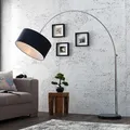 Produktbild: Design Bogenleuchte LOUNGE DEAL schwarz Natur Leinen Schirm ausziehbar Stehlampe