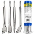 Produktbild: S&R Bohrhammer Meißel-Set SDS-plus, 4-teilig, robust und hitzegehärtet – 1x Flachmeißel, 2x Fliesemeißel, 1x Spitzmeißel für Beton, Mauerwerk, Ziegel und Asphalt – Werkzeug-Stahl