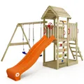 Produktbild: WICKEY Spielturm Klettergerüst MultiFlyer mit Holzdach, Schaukel & Rutsche, Outdoor Kinder Kletterturm mit Sandkasten, Leiter & Spiel-Zubehör für den Garten (Orange)