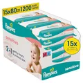 Produktbild: Pampers Sensitive Baby-Feuchttücher, 15 Packungen mit 80 Feuchttüchern,1200 Baby-Feuchttücher, 2-in-1 sanfte Reinigung & Hautschutz