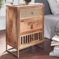 Produktbild: FINEBUY Nachttisch Nachttisch Massivholz 3 Schubladen Nachtkonsole Rattan Nachtkommode (Mango Massivholz / Metall 40x60x30cm Boxspringbett), Design Nachtkommode, Nachtkonsole Wiener Geflecht