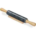 Produktbild: Nudelholz Marmor, Griffe Aus Holz, Teigroller Zum Kochen & Backen, Ablage, 48 Cm, Schwere Backrolle, Schwarz - Relaxdays