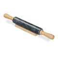 Produktbild: Relaxdays Nudelholz Marmor, Griffe aus Holz, Teigroller zum Kochen & Backen, Ablage, 48 cm, schwere Backrolle, schwarz
