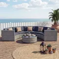 Produktbild: Poly-Rattan Garnitur rund HWC-E17, Garten-Set Sitzgruppe grau, Polster dunkelgrau, Kissen beige - Grau