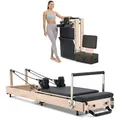 Produktbild: VEVOR faltbarer Pilates Reformer Trainingsgerät aus Gummibaumholz  für Heim-Fitnessstudio, Pilates-Bett mit doppeltem Widerstand – Feder & Kordel, Ausrüstung mit Sitzbox, bis zu 181,44 kg
