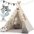 Produktbild: Spielwerk® Tipi Zelt Kinderzelt Indoor Spielzelt 130x130cm Set mit Bodenmatte Weiß Grau Kinder Lichterkette Girlande Kissen Baumwolle Holz Traget... - Weiß
