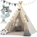 Produktbild: Spielwerk - Tipi Zelt Für Kinder Indoor 130x130cm Set Mit Bodenmatte Kinderzelt Lichterkette Girlande Kissen Spielzelt Baumwolle Holz Tragetasche Weiß