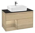 Produktbild: Villeroy & Boch Finion Waschbeckenunterschrank für Becken mittig Regal links für Finion / Memento 2.0 2 Auszüge mit Beleuchtung (1x LED) 1000 x 603 x 501 mm - Oak Veneer / Glass Black Matt - F112PCPC