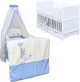 Produktbild: Baby-Delux Babybett Kinderbett Jack 140×70 weiß inkl. Schublade Bettwäsche komplett Set Zirkus Blau