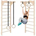 Produktbild: Sprossenwand mit verstellbaren Holzringen, Trainingsgerät für Erwachsene und Kinder, Heim-Fitness, Kraft- und Mobilitätstraining, Wandmontage - Weiß