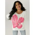 Produktbild: Fledermausshirt ANISTON SELECTED, Damen, Gr. 48, bunt (weiß, pink, rosa, gelb), Single Jersey, Obermaterial: 95% Viskose, 5% Elasthan, bedruckt, geblümt, lässig geschnitten hüftbedeckend, Rundhals, Fledermausärmel Bündchen, Shirts Fledermausshirt, mit großem Front-Blumendruck