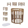 Produktbild: Waldin Oval Baby-Bett Mitwachsend Komplett Set 7in1, Gitterbett, Kinderbett mit Matratze, Wickelkommode, Beistellbett, Holz Vintage