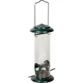 Produktbild: dobar® 11516 Kompakte Vogelfuttersäule mit Anflugstangen - Wildvogelfutterspender für Sämereien - Vogelfutterstation Metall - Futterspender in Garten/Terrasse/Balkon - Ø 9,5 x 23 cm - Grün