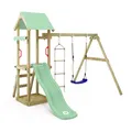 Produktbild: WICKEY Spielturm Klettergerüst TinyCabin mit Schaukel & Pastellgrüner Rutsche, Outdoor Kinder Kletterturm mit Sandkasten, Leiter & Spiel-Zubehör für den Garten