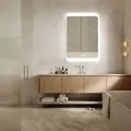 Produktbild: HOKO® LED Badspiegel 50x70 cm KÖLN mit Beschlagfrei und Digitaluhr. Design Wandspiegel fürs Bad. Dieser Spiegel mit Beleuchtung ist mit Touch Sc...