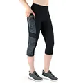 Produktbild: VS Sport-Leggin Damen Capri 3 4 mit 3 Seitentaschen für Handy, Schlüssel, Kreditkarte und Co. Fitness Sport Tights Schwarz Muster Yoga Hose Sporthose Jogging High Waist. Grey-Black-M