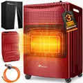 Produktbild: TRESKO® 4200 Watt Gasheizer rot inkl. Gasdruckregler Gasschlauch + Abdeckung | Gasofen Gasheizofen Keramik mit 3 Stufen | Infrarot Gasheizgerät Heizstrahler für Butan- oder Propangasflaschen bis 15 kg
