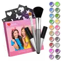 Produktbild: ZMILLA® BIO Glitzer Tattoo Set Kinder (20 Farben | 100 Schablonen) Für Mädchen - Glitzertattoos inklusive 2 Pinsel & 2 Kleber | Biologisch abbaubarer Glitzer