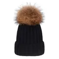 Produktbild: EXQULEG Warm Mütze, Echtfellbommel Pudelmütze,Winter-Mütze Bommelmütze Pelzbommel Waschbär Raccoon Pelz (Schwarz)…