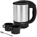 Produktbild: Clatronic WKR 3624 Reise-Wasserkocher, Füllmenge bis zu 0.5 Liter, Ideal für die Reise, Camping und unterwegs, inkl. 2 Tassen à 170 ml, Transport / Reisebeutel und Kaffeelöffel, Edelstahl/Schwarz