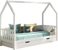 Produktbild: Vipack Hausbett Cabane, mit Dachaufbau, Bettschublade auf Rollen u. Sprossenumrandung (B/H/T ca. 208x169x98 cm) aus massiver Eiche, Oberfläche Natur), sehr stabil und standfest gebaut inkl. Massivholz Rolllattenrost