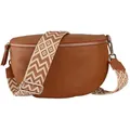 Produktbild: MIRROSI Bauchtasche Damen, Echtleder, Leder, Made in Italy, Umhängetasche, Brusttasche, (Schultertasche für jeden Anlass (1 Tasche & 2 Gurte), Damen Taschen, 3 Größen auswählbar), Crossbody Bag, Cognac Braun, verstellbaren Schulterriemen beige|braun Große Tasche (28x18x9cm)