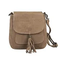 Produktbild: Made in Italy Damen Leder Tasche Messenger Bag Henkeltasche Wildleder Handtasche Umhängetasche Ledertasche Schultertasche Beuteltasche Fransen Cross-Over Taupe
