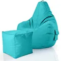 Produktbild: Green Bean 2er Set Sitzsack + Hocker - fertig befüllt - robust waschbar schmutzabweisend - Kinder & Erwachsene Bean Bag Bodenkissen Lounge Sitzhocker Relax-Sessel Gamer Gamingstuhl Pouf - Türkis