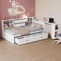 Produktbild: Holzschlafsofa 90 x 200, multifunktionaler Stauraum, verdeckte Staufächer und Regale, 2 große Schubladen, Multifunktionssteckdose, ausziehbarer Schreibtisch, Einzelbett, Jugendbett, Holzbett, weiß