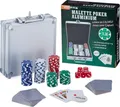 Produktbild: Relaxdays Pokerkoffer, 100 Pokerchips ohne Wert, 2 Kartendecks, 5 Würfel, Dealer-Button, Pokerset, abschließbar, silber
