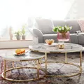 Produktbild: FineBuy Couchtisch 2er Set Weiß Gold Marmor Optik Sofatisch Rund Modern Beistelltisch 2-teilig Metall Runde Wohnzimmertische Design Satztische