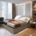 Produktbild: TRADA Boxspringbett ADÈLE 200 x 200 cm – elektrische Bett mit Matratze + Tooper und Bettkasten - Stoffbezug Veloursstoff - Beige - 200 x 200 cm