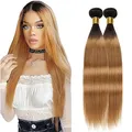 Produktbild: Salharer Echthaar Tressen Zum Einnähen Straight Human Hair Bundles Double Weft Extensions 2 Bündel 100% Brasilianisches Remy Haar Virgin Ombre Black to Blonde Colore No Splits 8A Grade 16 18 Zoll