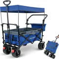 Produktbild: deluxe4home® Bollerwagen faltbar mit Breiten Reifen und Dach Blau/Grau