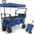 Produktbild: deluxe4home® Bollerwagen Faltbar mit Dach Blau/Grau I Mit 360° Reifen & Bremsen I Handwagen Transportwagen 100L I Campingwagen Trolley bis 120kg I Drehbarer Griff