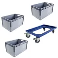 Produktbild: Schnellkarton EU Set 1 Transportroller mit 2 Bremsen und 3 Eurobehälter 60x40 cm Eurobox Stapelbox Lagerkiste