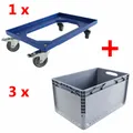 Produktbild: 3 Euroboxen + Rollwagen SET Transportbox Lagerbox Transportwagen Transportroller