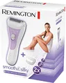 Produktbild: Remington Damenrasierer smooth&silky WSF5060, Bikini Trimmaufsatz, batteriebetrieben, 2-seitiger Intercept-Trimmer, feuchtigkeitsspendender Aloe Vera Streifen, Nass- und Trockenrasierer, weiß/lila